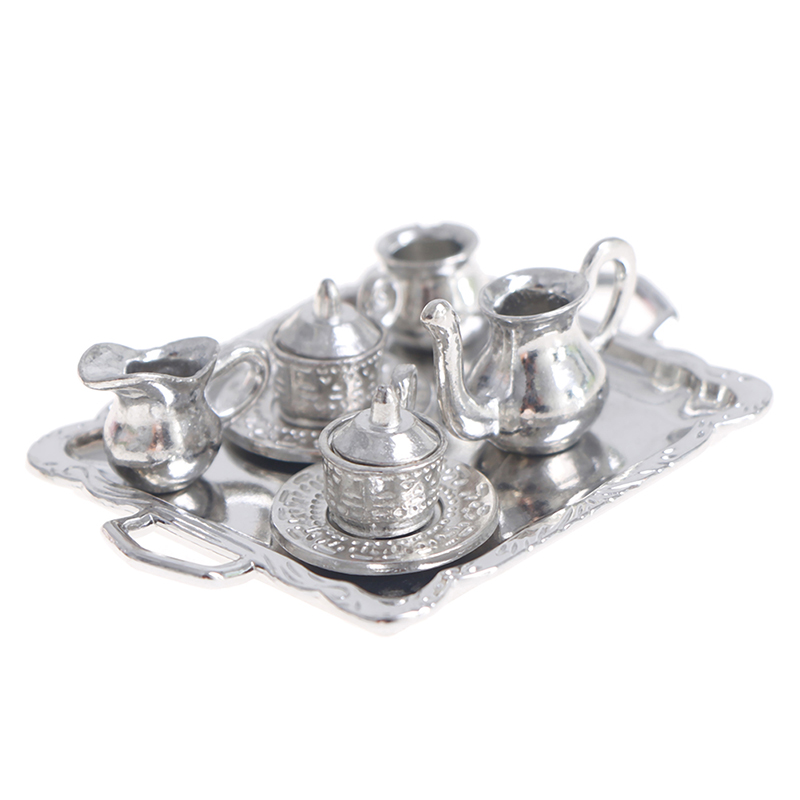Coffee Tea And Sugar Set - 1/12 인형 집 미니어처 실버 금속