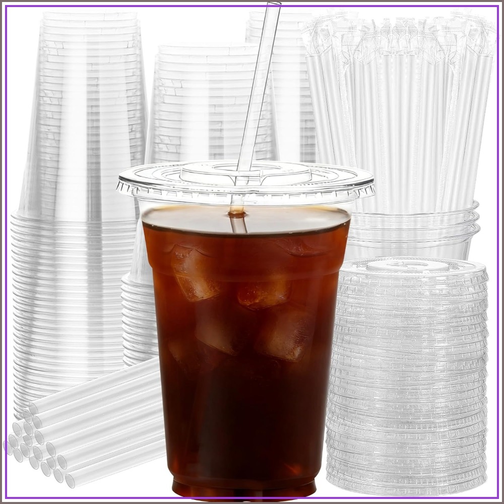 Coffee Tea Images - 50팩 16온스 일회용 컵(뚜껑&빨대 포함) -